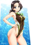  1girl back_cutout black_hair black_swimsuit blue_eyes breasts chi-hatan_(emblem) closed_mouth clothing_cutout commentary competition_swimsuit covered_navel cowboy_shot dated emblem girls_und_panzer goggles goggles_around_neck groin hamada_(girls_und_panzer) hands_on_hips highleg highres looking_at_viewer medium_breasts medium_hair one-piece_swimsuit ponytail skindentation smile solo standing swimsuit tomokoji twitter_username 
