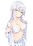  1girl bare_shoulders bra breasts cleavage collarbone cowboy_shot green_eyes highres long_hair long_sleeves looking_at_viewer maigoyaki medium_breasts navel off_shoulder open_clothes open_shirt original parted_lips pleated_skirt simple_background skirt solo stomach strap_slip underwear undressing white_background white_bra white_hair white_skirt 