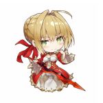  ahoge artoria_pendragon_(all) blonde_hair breasts chibi comiket_94 dress epaulettes fate/extra fate/grand_order fate_(series) gabiran green_eyes hair_bun large_breasts lowres nero_claudius_(fate) nero_claudius_(fate)_(all) olympian_bloomers red_dress saber see-through sword weapon white_background 