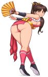  1girl ass bangs breasts brown_eyes brown_hair commentary_request fatal_fury highres japanese_clothes long_hair ninja parted_bangs ponytail revealing_clothes rope shigenobu shiranui_mai simple_background sleeveless solo the_king_of_fighters white_background 