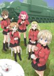  5girls assam_(girls_und_panzer) bangs black_footwear black_ribbon black_skirt blonde_hair blue_eyes blue_sky boots bow braid brown_eyes brown_hair chair churchill_(tank) clear_sky closed_mouth commentary_request cup darjeeling_(girls_und_panzer) day drinking epaulettes eyebrows_visible_through_hair girls_und_panzer grass ground_vehicle hair_bow hair_over_shoulder hair_pulled_back hair_ribbon hand_on_hip holding holding_cup holding_saucer jacket knee_boots long_hair long_sleeves looking_at_viewer medium_hair military military_uniform military_vehicle miniskirt motor_vehicle muichimon multiple_girls one_eye_closed open_mouth orange_hair orange_pekoe_(girls_und_panzer) outdoors parted_bangs partial_commentary pleated_skirt red_bow red_eyes red_hair red_jacket ribbon rosehip_(girls_und_panzer) rukuriri_(girls_und_panzer) saucer short_hair single_braid sitting skirt sky smile st._gloriana&#039;s_military_uniform standing table tank tea teacup teapot tied_hair twin_braids uniform 
