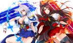  2girls akagi_(azur_lane) animal_ear_fluff animal_ears azur_lane bangs black_footwear black_gloves black_shirt blue_eyes blue_skirt blunt_bangs blunt_ends bob_cut boots breasts brown_hair cleavage commentary_request eyebrows_visible_through_hair fire flame fox_ears fox_mask fox_tail gen_(genetrix) gloves hair_ornament hakama_skirt highres holding holding_mask japanese_clothes kaga_(azur_lane) large_breasts long_hair looking_at_viewer makeup mascara mask miniskirt multiple_girls open_mouth parted_lips red_eyes red_skirt shirt short_hair short_sleeves siblings silver_hair sisters skirt smile standing tail tassel thigh_boots thighhighs white_shirt wide_sleeves wristband 