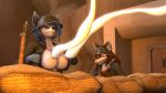  16:9 3d_(artwork) anthro azarig big_breasts bodily_fluids breasts canid canine clothing digital_media_(artwork) duo female fox krystal lactating mammal milk nintendo nipples sandbag solo_focus source_filmmaker star_fox uniform video_games weapon widescreen world_war_2 