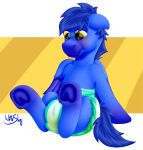  blush bodily_fluids diaper embarrassed equid equine feral genital_fluids hi_res horse infantilism male mammal pegasus pony skaj sneer_(artist) solo urine wet_diaper wetting wings wittleskaj 