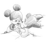  1:1 anthro bed bed_sheet bedding clothed clothing disney duo eyes_closed female furniture gloves hair hand_holding handwear kicsterash male mammal mickey_mouse minnie_mouse monochrome mouse murid murine pillow rodent sad simple_background traditional_media_(artwork) white_background 