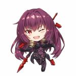  1girl armor bodysuit breasts chibi comiket_95 covered_navel cu_chulainn_(fate)_(all) fate/grand_order fate_(series) gabiran gae_bolg lancer large_breasts leotard long_hair lowres polearm purple_bodysuit purple_hair purple_leotard red_eyes scathach_(fate)_(all) scathach_(fate/grand_order) shoulder_armor spear very_long_hair weapon white_background 