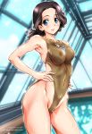  1girl back_cutout black_hair blue_eyes breasts brown_swimsuit chi-hatan_(emblem) closed_mouth clothing_cutout commentary competition_swimsuit covered_navel covered_nipples cowboy_shot dated emblem girls_und_panzer goggles goggles_around_neck groin hamada_(girls_und_panzer) hands_on_hips highleg highres indoors looking_at_viewer medium_breasts medium_hair one-piece_swimsuit ponytail pool rei_no_pool skindentation smile solo sparkle standing swimsuit tomokoji twitter_username wet 