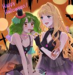  2girls alternate_costume bat belt blonde_hair blue_eyes blush breasts brown_belt brown_eyes choker cleavage cleavage_cutout clothing_cutout covered_navel cupcake denim denim_shorts feeding flat_chest food green_hair halloween high-waist_skirt highres long_hair macross macross_frontier medium_breasts multiple_girls open_mouth pink_choker pote-mm ranka_lee see-through_skirt sheryl_nome short_hair short_shorts shorts skirt 