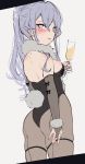  1girl alternate_costume black_legwear black_leotard blue_eyes blue_hair bridal_gauntlets bunny_tail champagne_flute chigasaki_y cowboy_shot cup drinking_glass from_behind gotland_(kantai_collection) highres kantai_collection leotard long_hair looking_at_viewer mole mole_under_eye pantyhose playboy_bunny ponytail solo strapless strapless_leotard tail white_background 
