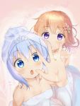  2girls absurdres blue_eyes blue_hair blush bridal_veil collarbone commentary cross_hair_ornament dress feathers flower gochuumon_wa_usagi_desu_ka? hair_flower hair_ornament hairclip hand_on_another&#039;s_shoulder highres hoto_cocoa jewelry kafuu_chino long_hair multiple_girls open_mouth orange_hair purple_eyes ring short_hair simple_background smile surprised syuyakustar tiara veil wedding wedding_band wedding_dress wife_and_wife yuri 