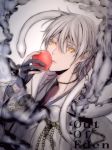  1boy black_gloves food fruit gloves hand_up highres holding holding_food holding_fruit hoojiro japanese_clothes long_sleeves looking_at_viewer original parted_lips partially_fingerless_gloves snake solo white_hair white_snake yellow_eyes 