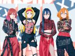  4girls armpits arms_up ayase_eli blonde_hair blue_eyes blue_hair cowboy_shot crossed_arms fishnets highres kousaka_honoka long_hair long_sleeves looking_at_viewer love_live! love_live!_school_idol_project mamamoo multiple_girls nishikino_maki orange_hair purple_eyes red_hair sonoda_umi standing translation_request yellow_eyes 