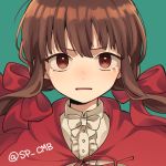  1girl alternate_costume alternate_hair_ornament bangs bow brown_hair cape center_frills commentary_request danganronpa frills green_background hair_ornament harukawa_maki long_hair looking_at_viewer low_twintails new_danganronpa_v3 open_mouth red_bow red_cape red_eyes shirt simple_background solo takagiri tearing_up twintails white_shirt 