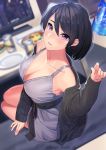  1girl absurdres bare_shoulders beer_can black_hair blurry blush breasts can cleavage collarbone commentary_request depth_of_field dress food highres kagematsuri looking_at_viewer mole mole_under_mouth monitor off_shoulder original pizza plate purple_eyes short_hair solo sweater 