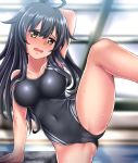  1girl ahoge alternate_breast_size black_hair black_swimsuit blurry breasts brown_eyes competition_swimsuit covered_navel cowboy_shot depth_of_field embarrassed kantai_collection long_hair looking_at_viewer medium_breasts mikazuki_(kantai_collection) one-piece_swimsuit rei_no_pool solo split standing standing_on_one_leg standing_split swimsuit zanntetu 