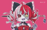 1girl artist_name bangs black_bow bow claw_pose colored_skin double_bun fangs fingernails grey_skin hair_bow heterochromia highres hololive hololive_indonesia huge_bow kukie-nyan kureiji_ollie looking_at_viewer open_mouth pink_background red_bow red_eyes sharp_fingernails solo stitches sword symbol-shaped_pupils v-shaped_eyebrows virtual_youtuber weapon yellow_eyes zombie 