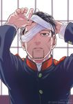  1boy black_eyes black_hair blue_jacket collared_jacket decoy00xx eyepatch eyepatch_removed facial_hair goatee golden_kamuy hair_slicked_back hair_strand hands_up jacket long_sleeves male_focus military military_uniform ogata_hyakunosuke one_eye_covered parted_lips scar scar_on_cheek scar_on_face short_hair solo stubble undercut uniform upper_body 