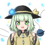  +_+ 1girl :d absurdres bailingxiao_jiu bangs black_headwear blue_flower blue_rose blush_stickers bow brown_bow brown_shirt commentary_request eyebrows_visible_through_hair flower green_eyes green_hair hands_up hat hat_bow hat_flower highres komeiji_koishi long_sleeves looking_at_viewer open_mouth petals rose round_teeth shirt smile solo teeth third_eye touhou upper_body upper_teeth white_background wide_sleeves 