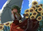  1girl ascot breasts cloud collared_shirt commentary_request cowboy_shot daisy day dutch_angle eyebrows_behind_hair falling_petals field flower flower_field from_below green_hair hand_in_hair highres holding holding_umbrella kazami_yuuka long_sleeves looking_ahead looking_to_the_side medium_breasts medium_hair moyotan open_clothes open_vest parted_lips petals plaid plaid_skirt plaid_vest red_eyes red_skirt red_vest shadow shirt skirt skirt_set sky smile solo standing sunflower touhou umbrella vest white_shirt white_umbrella yellow_neckwear 