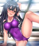  1girl ahoge alternate_breast_size black_hair blurry breasts brown_eyes commentary_request competition_swimsuit covered_navel cowboy_shot depth_of_field embarrassed kantai_collection long_hair looking_at_viewer medium_breasts mikazuki_(kantai_collection) one-piece_swimsuit purple_swimsuit rei_no_pool solo split standing standing_on_one_leg standing_split swimsuit zanntetu 