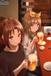  2girls alcohol beer beer_mug blonde_hair brown_hair brown_sweater closed_mouth cup green_eyes hair_ribbon hibike!_euphonium highres holding holding_cup indoors long_hair long_sleeves looking_at_viewer mug multiple_girls nakagawa_natsuki open_mouth plate ponytail purple_eyes raku_rakugaki ribbon smile sweater table white_sweater yellow_ribbon yoshikawa_yuuko 