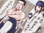  1boy 1girl ainu ainu_clothes asirpa bandages bandana black_eyes black_hair blood blood_on_face blue_eyes blue_pants bruise bruise_on_face decoy00xx earrings facial_hair gaiters goatee golden_kamuy hair_slicked_back hair_strand hoop_earrings injury jewelry long_hair male_focus ogata_hyakunosuke pants scar scar_on_cheek scar_on_face shirtless short_hair stubble toned toned_male translation_request undercut 