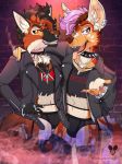  absurd_res african_wild_dog anthro bulge canid canine clothing collar crop_top duo ear_piercing ear_ring facial_piercing fishnet glitter_pills hi_res jacket jax_(yeen.queen) jewelry leather leather_jacket male mammal maned_wolf nose_piercing nose_ring piercing shirt topwear underwear 