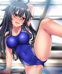 1girl absurdres ahoge alternate_breast_size black_hair blue_swimsuit blurry breasts brown_eyes competition_swimsuit covered_navel cowboy_shot depth_of_field embarrassed highres kantai_collection long_hair looking_at_viewer medium_breasts mikazuki_(kantai_collection) one-piece_swimsuit rei_no_pool solo split standing standing_on_one_leg standing_split swimsuit zanntetu 