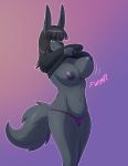  2019 anthro anubian_jackal areola big_breasts black_hair black_nose boob_drop bouncing_breasts breasts canid canine canis clothing conditional_dnp curvy_figure digital_media_(artwork) ear_piercing female fur gradient_background green_eyes hair jackal kadath long_ears looking_at_viewer mammal navel navel_piercing nightshade_(kadath) nipples panties piercing presenting presenting_breasts simple_background smile solo sweater thong topwear underwear undressing voluptuous 