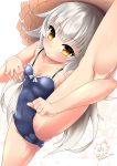  1girl absurdres azur_lane bangs bare_arms bare_legs blue_swimsuit breasts cameltoe cleft_of_venus closed_mouth collarbone covered_navel dated dutch_angle eyebrows_visible_through_hair flexible from_above grey_hair hat highres inori_(xyz5568) long_hair looking_at_viewer mole mole_under_eye one-piece_swimsuit sidelocks signature small_breasts solo split standing standing_on_one_leg standing_split straw_hat swimsuit yellow_eyes z46_(azur_lane) z46_(first_summer)_(azur_lane) 