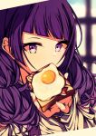  1girl absurdres bacon bangs blurry blurry_background commentary_request diagonal_bangs eating food highres idolmaster idolmaster_shiny_colors kakuzatou_(cubesugar03196) long_hair long_sleeves purple_eyes purple_hair shirt solo sunny_side_up_egg tanaka_mamimi toast upper_body white_shirt window 