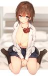  1girl bangs bed_sheet black_legwear blue_eyes blush bow bowtie bra breasts brown_hair collarbone eyebrows_visible_through_hair hands_together highres huge_breasts kneehighs looking_at_viewer loose_neckwear navel open_clothes open_shirt original pleated_skirt red_neckwear school_uniform short_hair sitting skirt solo sune_(mugendai) underwear wariza yellow_bra 