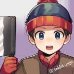  1boy artist_name blue_eyes blue_headwear brown_hair cleaver commentary_request face gradient gradient_background hat holding holding_knife knife looking_at_viewer male_focus open_mouth short_hair solo south_park stan_marsh takagiri winter_clothes 