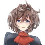  1girl ascot blue_eyes breasts brown_hair eyebrows_visible_through_hair flower hair_between_eyes highres kantai_collection long_hair medium_breasts messy_hair military military_uniform open_mouth ponytail portrait red_flower red_neckwear red_rose rose shaded_face sheffield_(kantai_collection) simple_background solo tk8d32 uniform white_background 