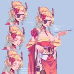  1girl absurdres alternate_costume arm_strap bangs_pinned_back blue_background blue_eyes breasts character_sheet cleavage closed_eyes dragon_horns eyepatch facial_tattoo hair_bun highres holding holding_sword holding_weapon horns incense katana kobayashi-san_chi_no_maidragon large_breasts looking_to_the_side mika_vas multiple_views neckwear_between_breasts obi one_eye_covered parted_lips quetzalcoatl_(maidragon) sash sword tattoo thighhighs tied_hair tongue tongue_out weapon 