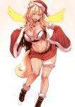  1girl absurdres animal_ear_fluff animal_ears bangs bare_shoulders bell bell_choker blonde_hair boots breasts choker cleavage collarbone dark_skin dark_skinned_female detached_sleeves energy_wings fate/grand_order fate/grand_order_arcade fate_(series) fox_ears fox_girl fox_tail fur_trim gyaru hat highres large_breasts legs long_hair looking_at_viewer nakamura_regura open_mouth santa_costume santa_hat smile suzuka_gozen_(fate) suzuka_gozen_(santa)_(fate) tail tan v wide_sleeves wings 