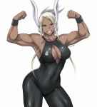  1girl alternate_color alternate_eye_color alternate_hair_color alternate_hairstyle animal_ears animal_print armpits arms_up artist_name bangs biceps blonde_hair boku_no_hero_academia breasts brown_eyes bunny_ears bunny_print cleavage cleavage_cutout clothing_cutout collarbone cowboy_shot dark_skin dark_skinned_female eyebrows_visible_through_hair eyes_visible_through_hair flexing grin hair_up hip_focus impossible_clothes large_breasts looking_at_viewer mirko multicolored_hair muscle muscular_female navel parted_bangs pose reflective_eyes shibusun shiny shiny_clothes shiny_hair shiny_skin short_hair_with_long_locks sidelocks silver_hair simple_background skin_tight smile solo thick_thighs thigh_gap thighs white_background 