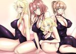  4girls black_dress blonde_hair blue_eyes breasts brown_hair cleavage colorado_(kantai_collection) commentary_request covered_nipples dress grey_eyes hair_between_eyes highres intrepid_(kantai_collection) iowa_(kantai_collection) kantai_collection large_breasts long_hair looking_at_viewer multiple_girls ponytail saratoga_(kantai_collection) short_hair shutenndouji1 side_braids side_ponytail sidelocks sitting sleeveless sleeveless_dress yokozuwari 