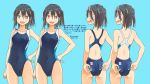  1girl adjusting_clothes adjusting_swimsuit barefoot black_hair blue_background blue_swimsuit breasts brown_eyes competition_swimsuit cowboy_shot kantai_collection kusakabe_(kusakabeworks) looking_at_viewer multicolored multicolored_clothes multicolored_swimsuit multiple_views one-piece_swimsuit sendai_(kantai_collection) short_hair simple_background small_breasts standing swimsuit swimsuit_under_clothes translation_request two_side_up variations 
