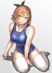  1girl alternate_costume atelier_(series) atelier_ryza bare_shoulders blue_swimsuit breasts brown_eyes brown_hair competition_swimsuit eyebrows_visible_through_hair full_body highres key_necklace kilye_4421 large_breasts looking_at_viewer one-piece_swimsuit reisalin_stout short_hair sitting solo swimsuit thighhighs white_legwear 