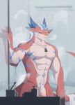 2019 anthro blue_markings dragon eyes_closed flaccid genitals hair hi_res horn jewelry male markings muscular muscular_anthro muscular_male necklace ninety_xc nude penis red_body scalie shower solo towel 