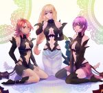  3girls arm_behind_back bangs bernadetta_von_varley between_legs black_legwear black_sleeves blonde_hair blue_eyes breasts bridal_gauntlets cleavage closed_mouth cosplay detached_sleeves earrings embarrassed fire_emblem fire_emblem:_three_houses green_eyes hair_between_eyes hand_between_legs hand_on_hip hapi_(fire_emblem) ingrid_brandl_galatea jewelry kneehighs kneeling kronya_(fire_emblem) kronya_(fire_emblem)_(cosplay) long_hair long_sleeves looking_at_viewer low-tied_long_hair medium_breasts midriff multiple_girls navel orange_hair ponytail purple_hair purple_skirt red_eyes riou_(pooh920) see-through shiny shiny_hair short_hair sitting skirt smile stomach thigh_strap thighhighs very_long_hair wariza white_background white_skirt 