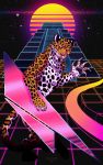  2018 5_fingers abstract_background absurd_res anthro cert claws fangs felid fingers fur gesture grid hi_res jaguar looking_at_viewer male mammal muscular muscular_anthro muscular_male nude open_mouth orange_eyes pantherine pyramid retrowave signature silvergrin sky solo spots spotted_body spotted_fur star starry_sky sun synthwave teeth tongue vaporwave waving yellow_eyes 