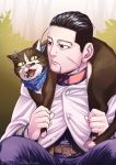  1boy animal_on_shoulder belt black_eyes black_hair blue_jacket blue_pants brown_cat cat cat_on_person cat_on_shoulder cloak collared_jacket decoy00xx expressionless facial_hair food food_on_face goatee golden_kamuy hair_slicked_back hair_strand hood hooded_cloak jacket long_sleeves male_focus military military_uniform ogata_hyakunosuke pants scar scar_on_cheek scar_on_face short_hair solo spread_legs stubble undercut uniform 