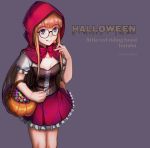  1girl bangs basket black-framed_eyewear blunt_bangs breasts brown_hair candy character_name cleavage closed_mouth cosplay eyebrows_visible_through_hair food frilled_skirt frills glasses halloween halloween_costume highres holding holding_basket holding_candy holding_food holding_lollipop hood hood_up little_red_riding_hood_(grimm) little_red_riding_hood_(grimm)_(cosplay) lollipop long_hair miniskirt persona persona_5 pleated_skirt purple_background purple_eyes red_hood red_skirt sakura_futaba shiny shiny_hair short_sleeves simple_background skirt small_breasts smile solo standing tongue tongue_out twitter_username very_long_hair yaoto 