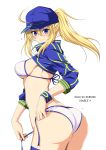  1girl ahoge artoria_pendragon_(all) ass baseball_cap bikini blonde_hair blue_eyes blue_jacket breasts commentary_request cowboy_shot cropped_jacket fate/grand_order fate_(series) hair_between_eyes hair_through_headwear hat highres jacket kiriya_(aprikose_0312) long_hair looking_at_viewer medium_breasts mysterious_heroine_xx_(foreigner) ponytail romaji_text shrug_(clothing) side-tie_bikini simple_background solo standing swimsuit untied untied_bikini white_background white_bikini wristband 