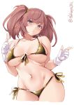  1girl atlanta_(kantai_collection) bikini blush breasts brown_hair cowboy_shot earrings ebifurya front-tie_bikini front-tie_top gloves gold_bikini grey_eyes highres index_finger_raised jewelry kantai_collection large_breasts light_blush long_hair navel partially_fingerless_gloves pointing pointing_at_viewer side-tie_bikini star_(symbol) star_earrings stomach swimsuit twitter_username two_side_up white_background 