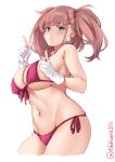  1girl atlanta_(kantai_collection) bikini blush breasts brown_hair cowboy_shot earrings ebifurya front-tie_bikini front-tie_top gloves grey_eyes highres index_finger_raised jewelry kantai_collection large_breasts light_blush long_hair looking_at_viewer partially_fingerless_gloves pointing pointing_at_viewer red_bikini side-tie_bikini star_(symbol) star_earrings swimsuit twitter_username two_side_up white_background 