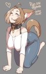  1girl 2020 agawa_ryou animal_ears artist_name bare_shoulders breasts brown_hair cleavage closed_eyes collar commentary dated dog_ears dog_tail grey_background howling large_breasts looking_up original short_hair signature simple_background solo tail thick_thighs thighs 