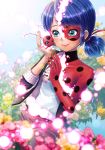  1girl absurdres blue_eyes blue_hair blush cheek-to-cheek domino_mask flower highres ladybug_(character) low_twintails marinette_dupain-cheng mask medium_hair miraculous_ladybug polka_dot smile solo superhero tikki_(miraculous_ladybug) twintails yuizawa 